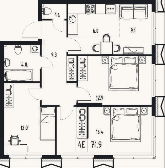 Планировка: 4+ к, 71,9 м²