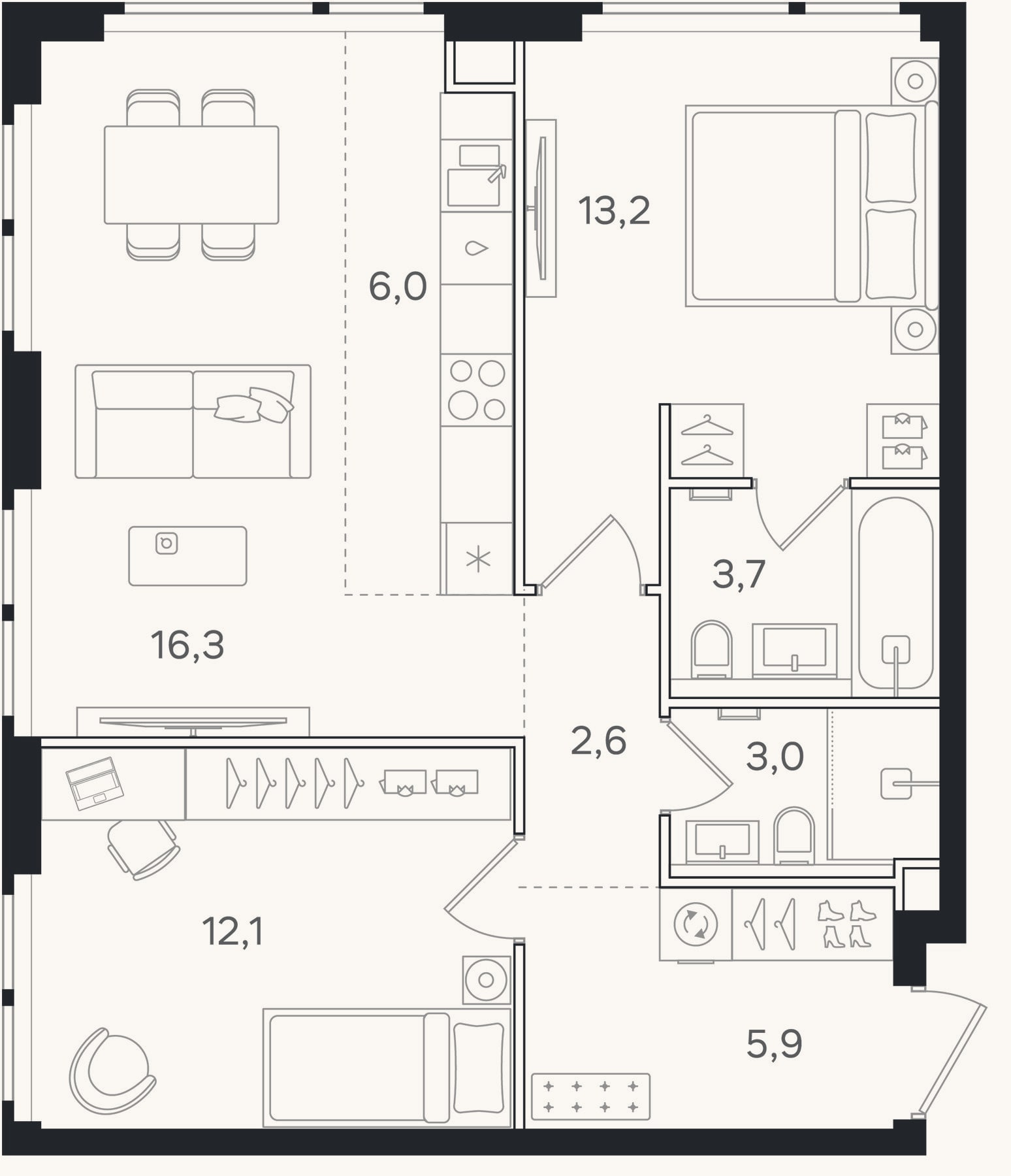 Планировка: 3-к, 62,8 м²