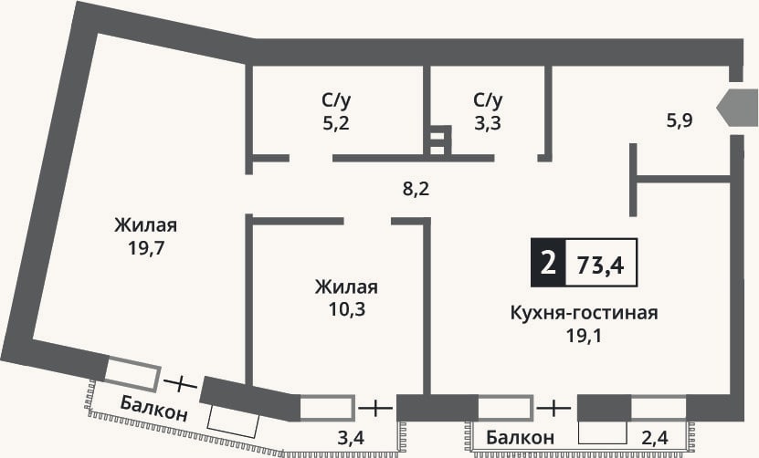 Планировка: 3-к, 71,5 м²