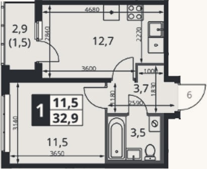Планировка: 1-к, 31,9 м²