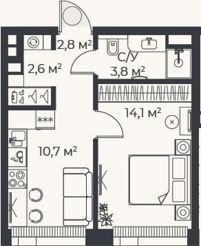 Планировка: 1-к, 34 м²