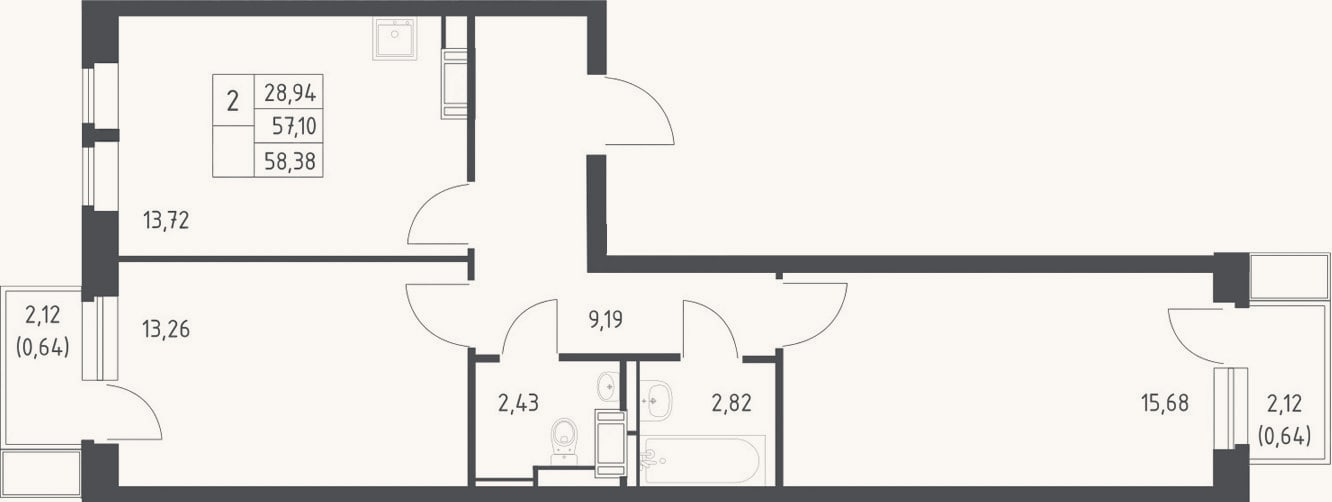 Планировка: 2-к, 57,1 м²