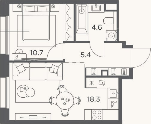 Планировка: 1-к, 39 м²