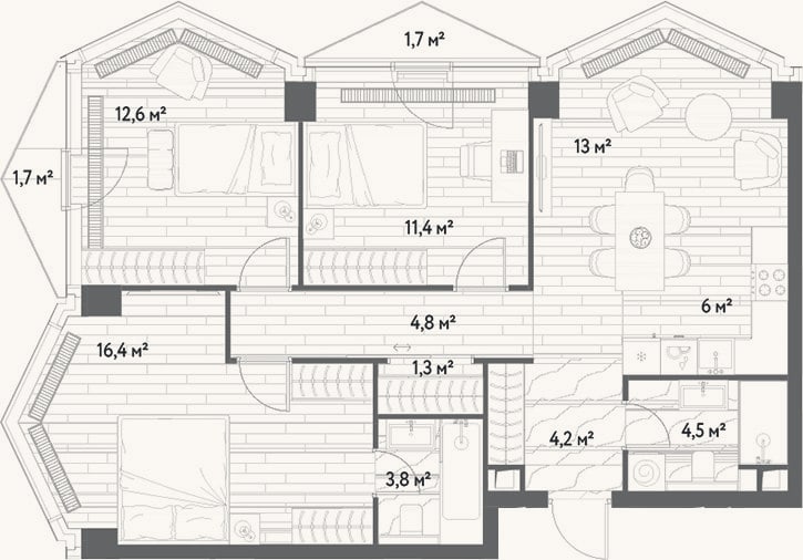 Планировка: 4+ к, 78 м²