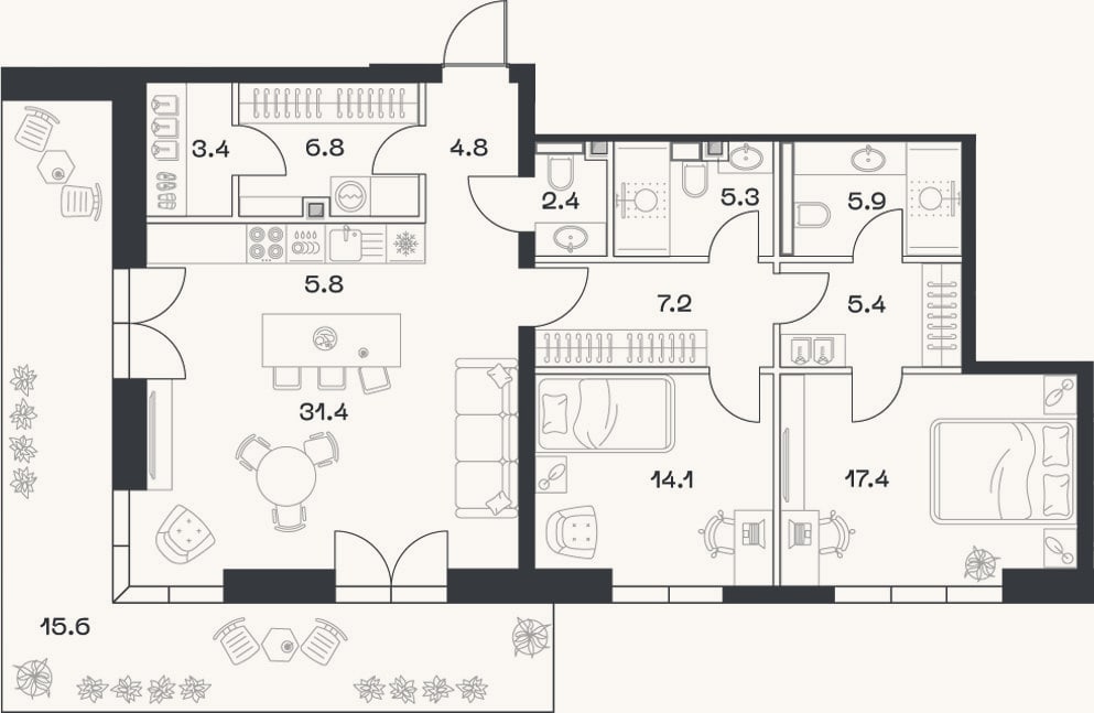 Планировка: 3-к, 109,9 м²