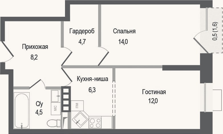 Планировка: 2-к, 49,7 м²