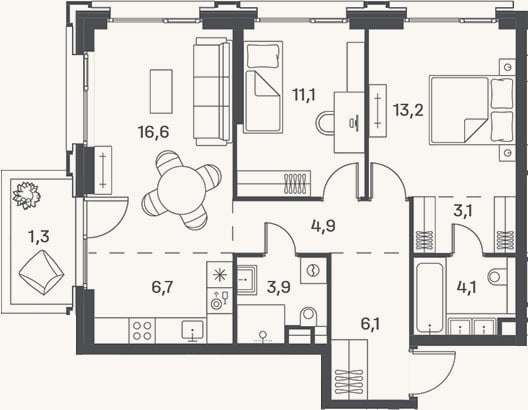 Планировка: 3-к, 69,7 м²