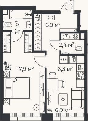Планировка: 2-к, 43,5 м²