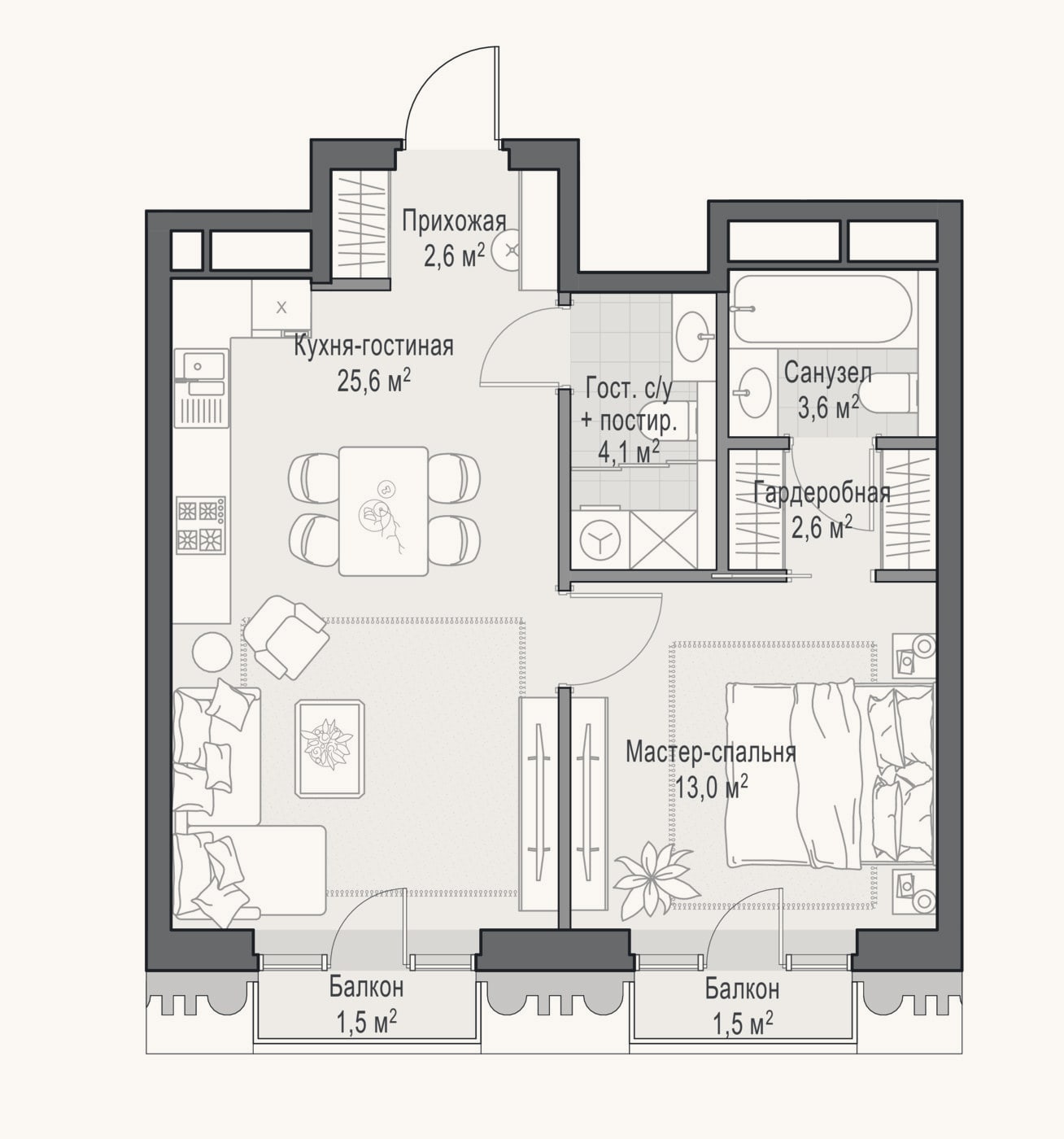 Планировка: 2-к, 51,4 м²