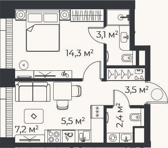 Планировка: 2-к, 35,9 м²