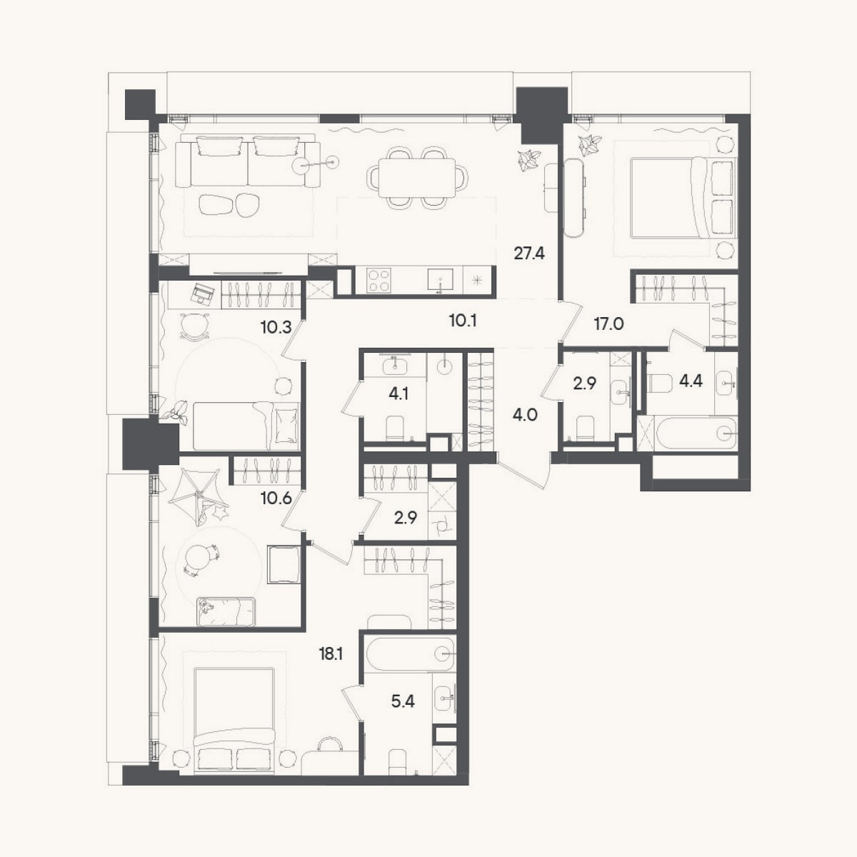 Планировка: 4+ к, 117,2 м²