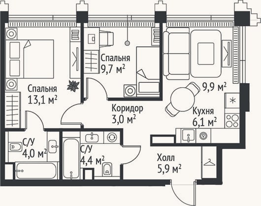 Планировка: 3-к, 56,1 м²