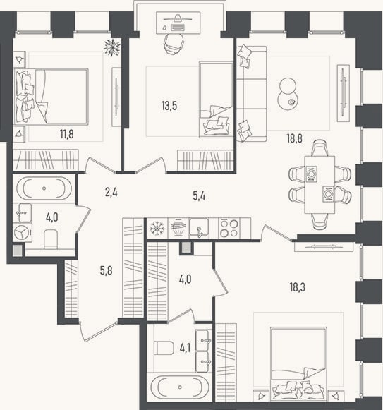 Планировка: 4+ к, 88,1 м²