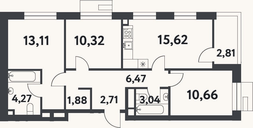 Планировка: 3-к, 68,1 м²