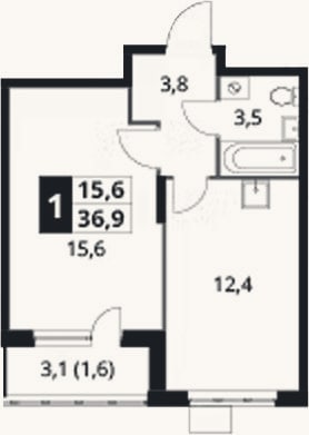 Планировка: 1-к, 35,3 м²