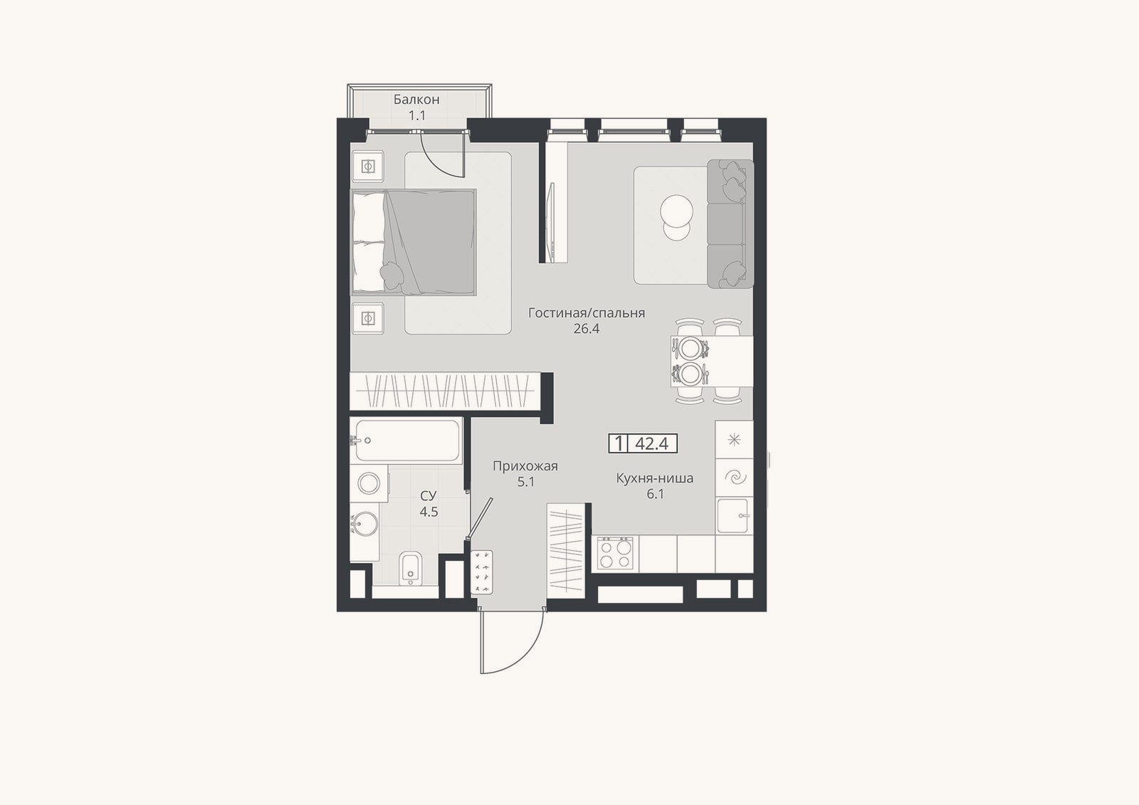 Планировка: Студия, 42,1 м²