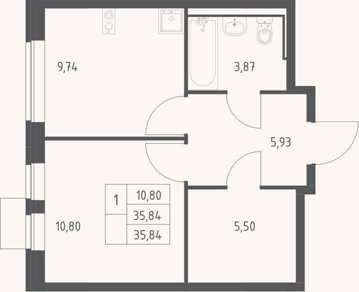 Планировка: 1-к, 35,8 м²