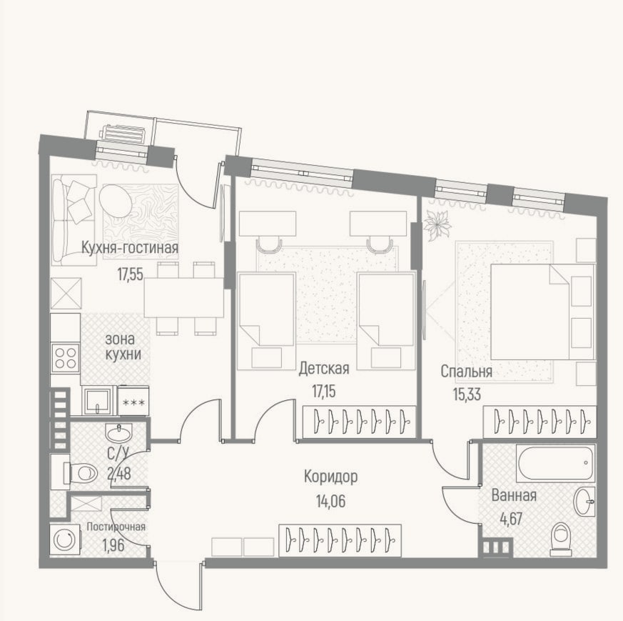Планировка: 2-к, 73 м²
