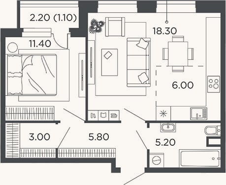 Планировка: 2-к, 49,7 м²