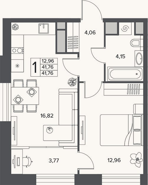 Планировка: 2-к, 41,8 м²