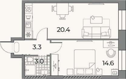 Планировка: 2-к, 41,3 м²