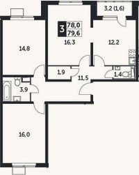 Планировка: 3-к, 78 м²