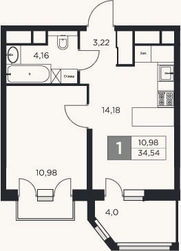Планировка: 1-к, 32,5 м²