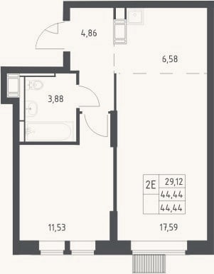 Планировка: 2-к, 44,4 м²