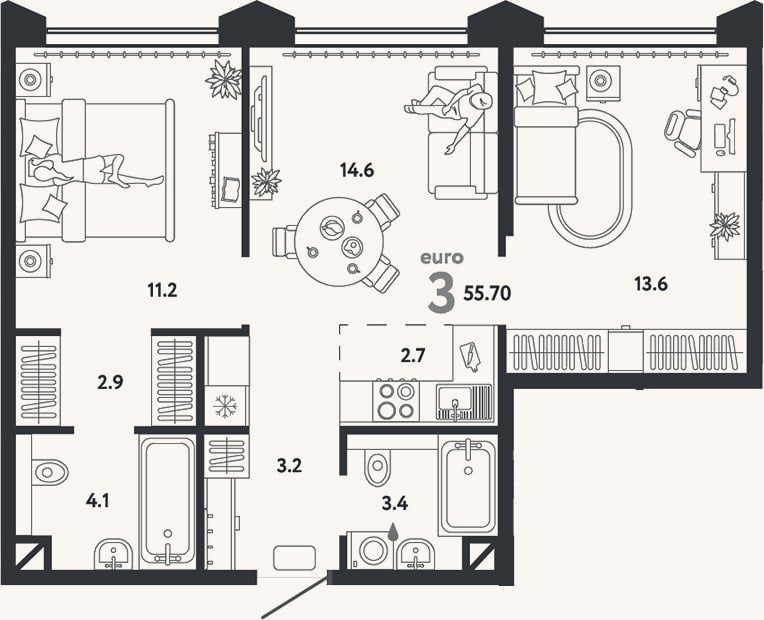 Планировка: 3-к, 55,7 м²