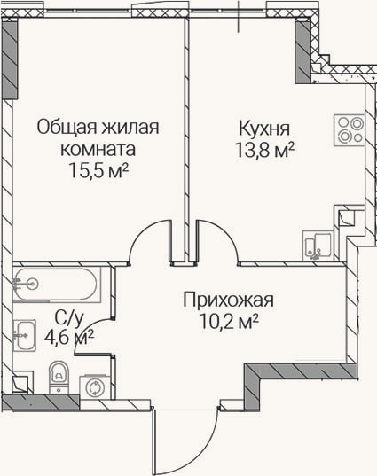 Планировка: 1-к, 44,1 м²