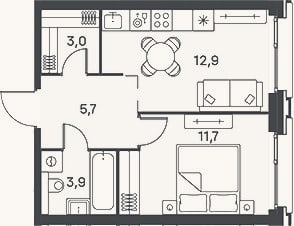 Планировка: 2-к, 36,8 м²