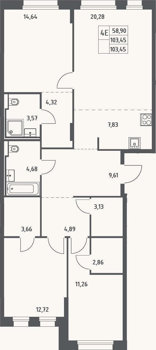 Планировка: 4+ к, 103,5 м²