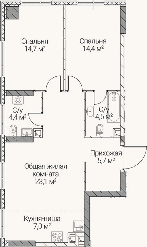 Планировка: 3-к, 73,8 м²