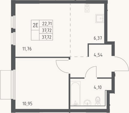 Планировка: 2-к, 37,7 м²