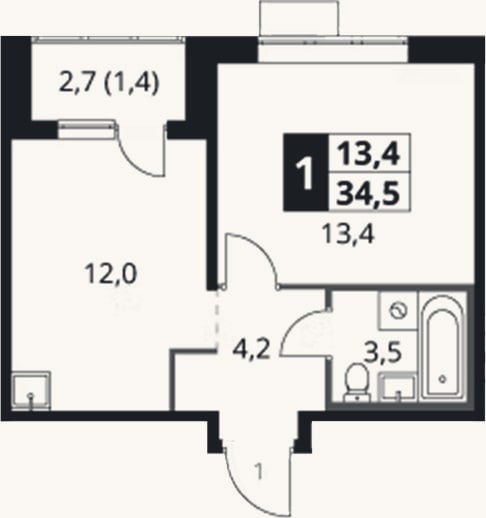 Планировка: 1-к, 33,1 м²