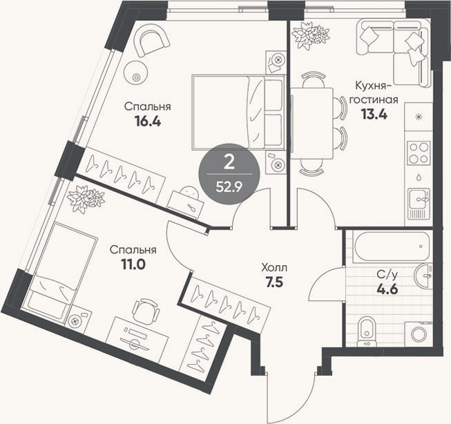 Планировка: 3-к, 52,9 м²