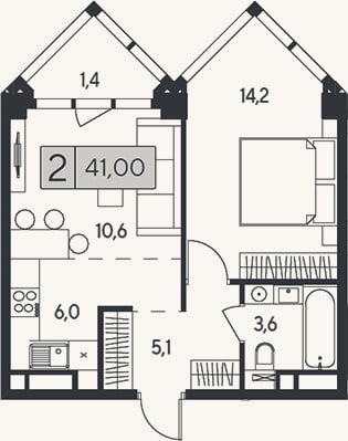 Планировка: 2-к, 39,6 м²