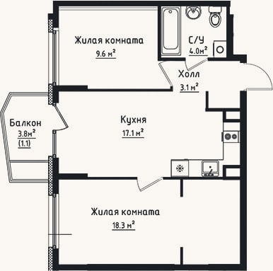 Планировка: 2-к, 52,1 м²