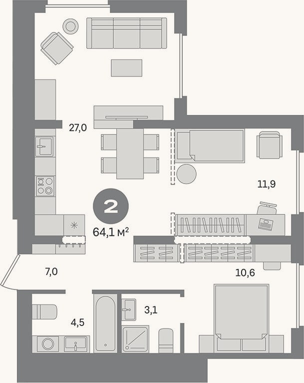 Планировка: 2-к, 64,1 м²