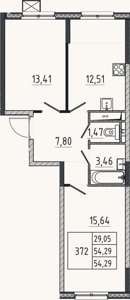 Планировка: 2-к, 54,3 м²