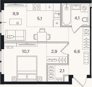 Планировка: 2-к, 41,4 м²