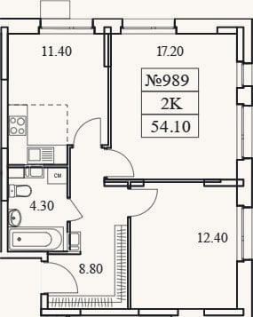 Планировка: 2-к, 54,1 м²