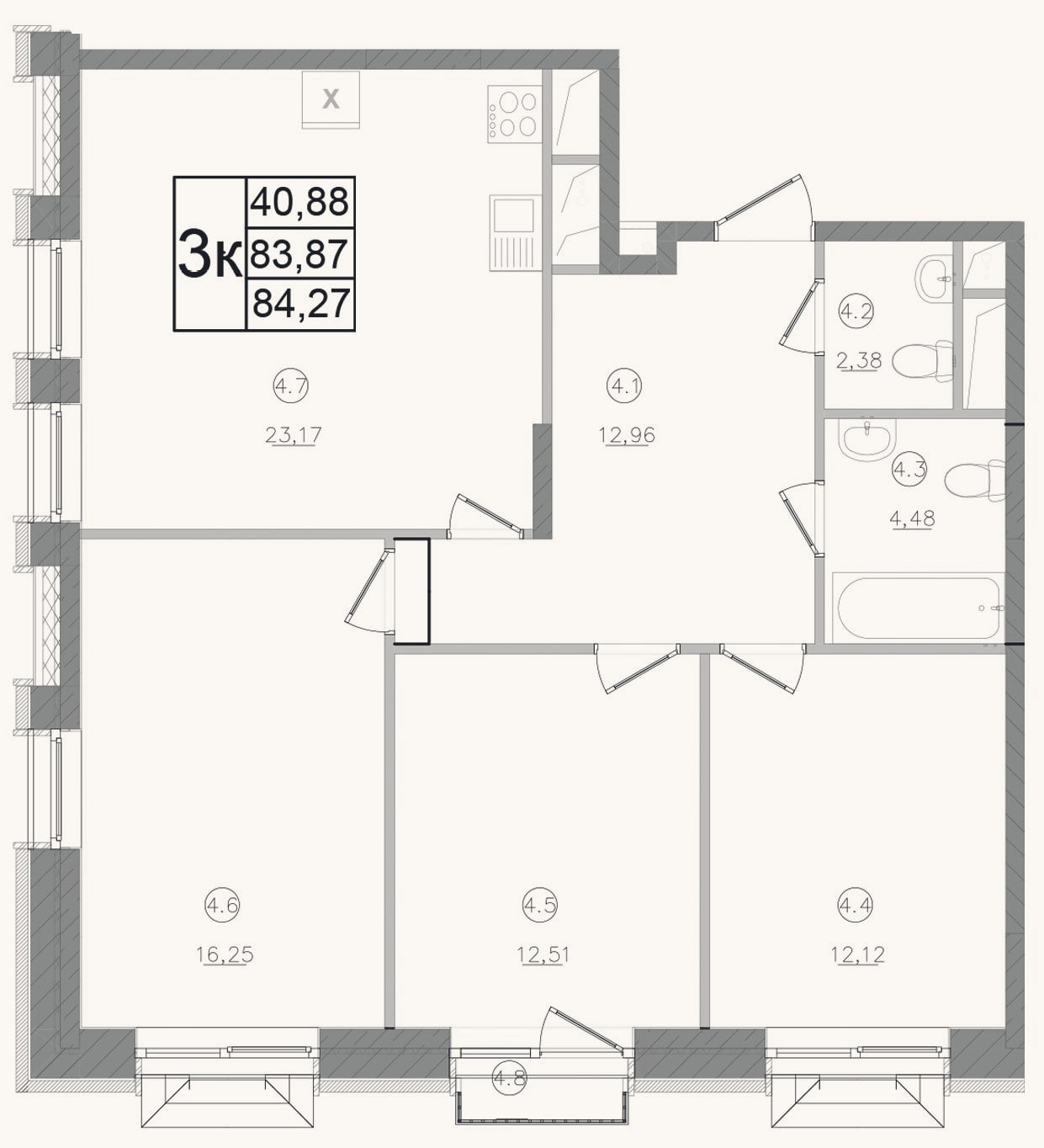 Планировка: 3-к, 83,9 м²