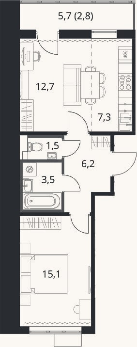 Планировка: 2-к, 46,3 м²