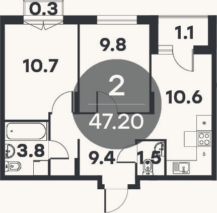 Планировка: 2-к, 45,8 м²