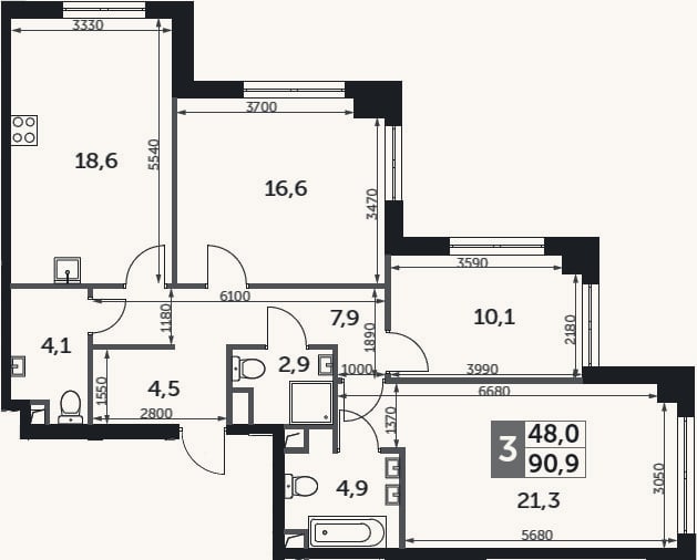 Планировка: 3-к, 90,9 м²