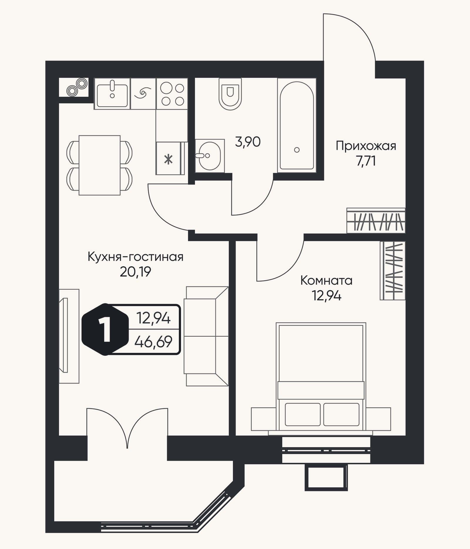 Планировка: 2-к, 44,7 м²