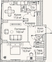 Планировка: 2-к, 62 м²