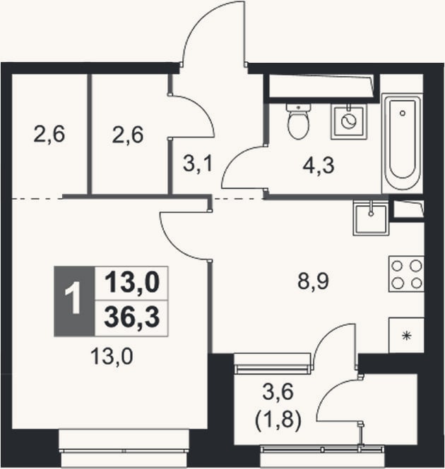 Планировка: 1-к, 34,5 м²