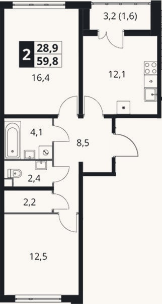 Планировка: 2-к, 58,2 м²
